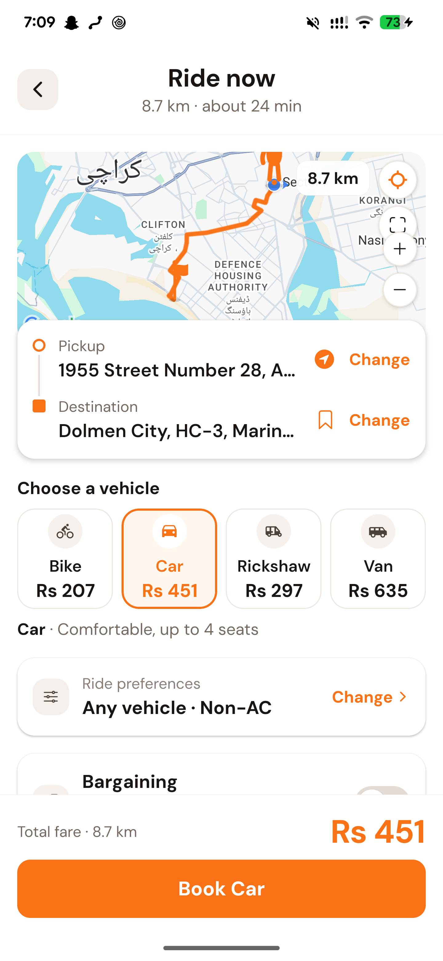 Drivio app ride booking screen showing the fare for each vehicle before booking