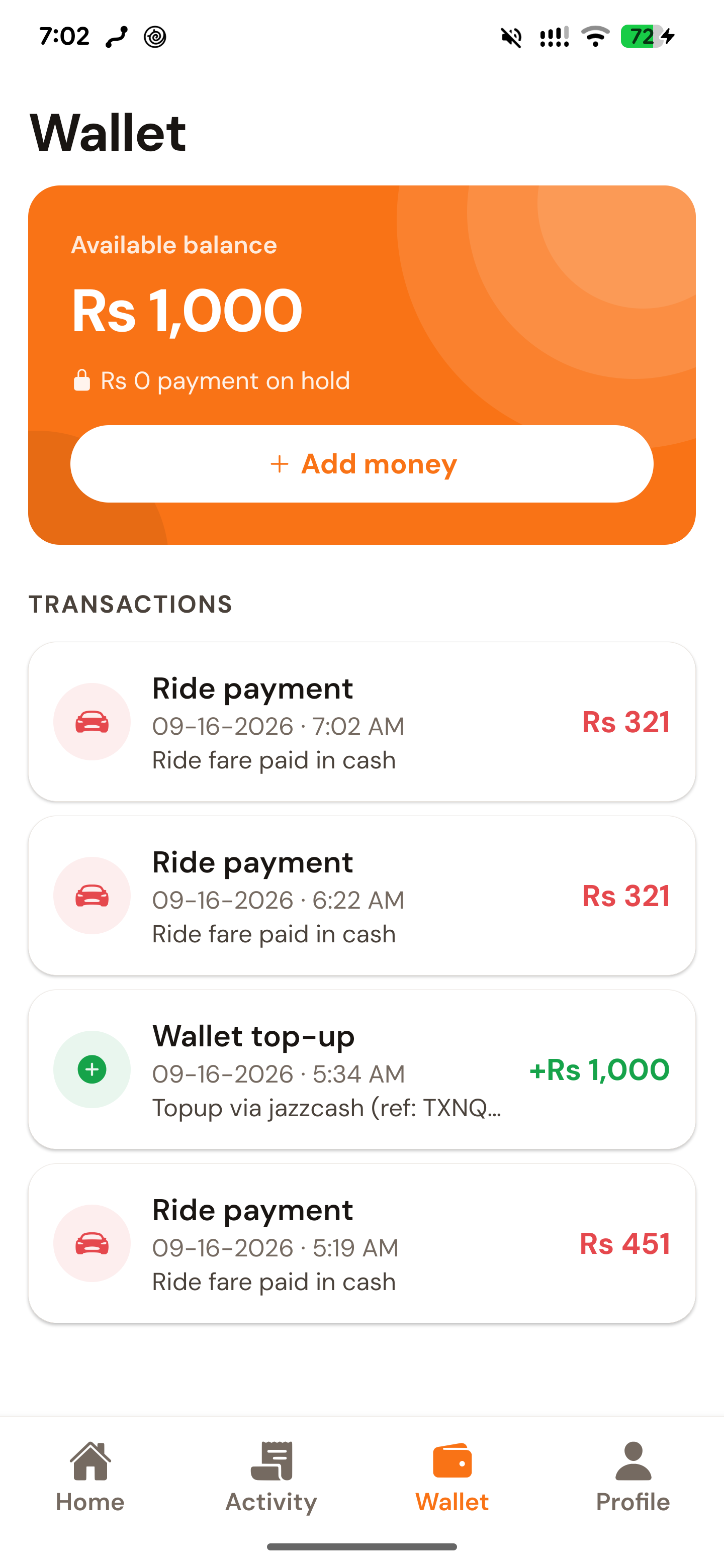 Drivio app wallet screen with top-ups and ride payments